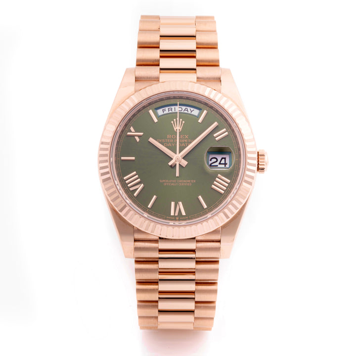 Rolex Day-Date 40mm Rose Gold Olive Green Roman Dial on President Band 228235 Card 2024