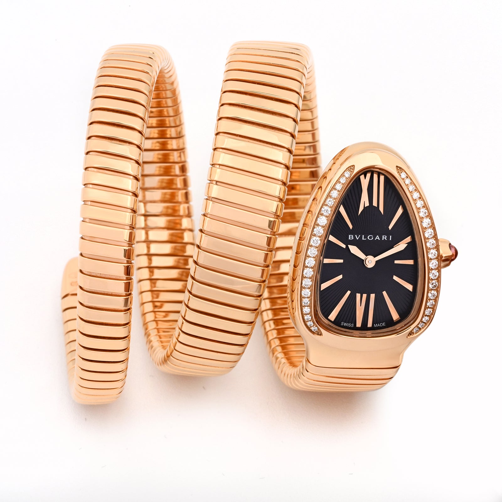 Bvlgari Serpentine Rose Gold Factory Diamond Bezel Black Dial on Double Wrap SPP35G