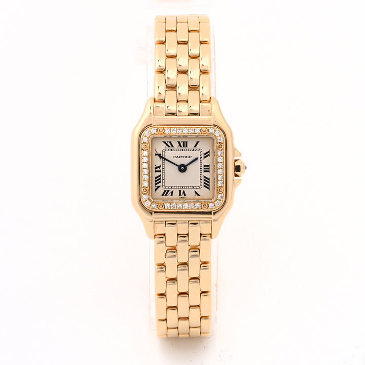Cartier Panthere Small Yellow Gold Factory Diamond Bezel Ivory Roman Dial on Bracelet 128000m