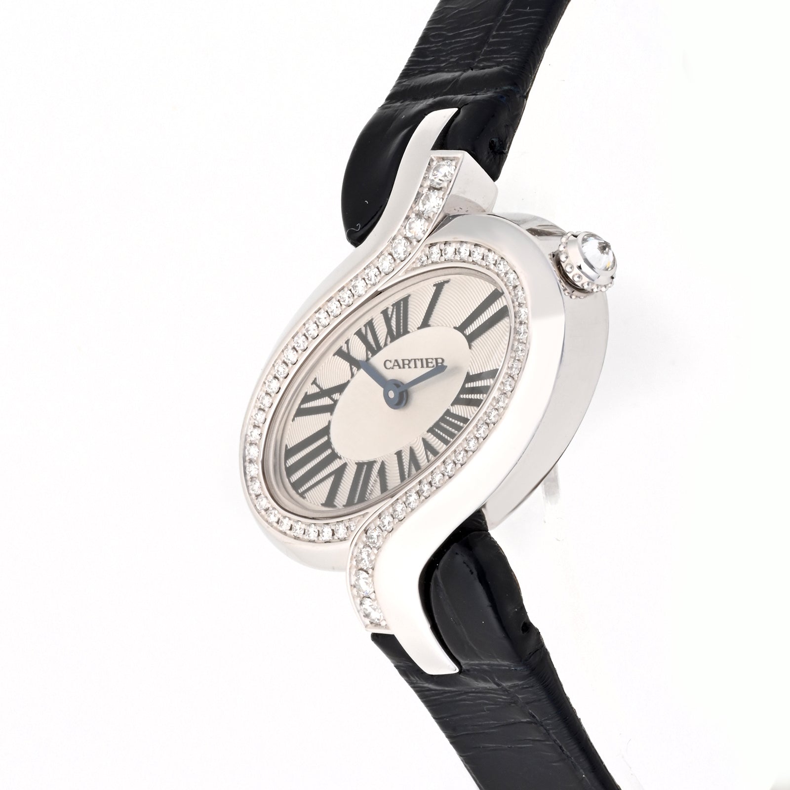 Cartier Delice White Gold Silver Roman Dial Factory Diamond on Black Leather w Deployment Buckle WG800014 Papers Open Date