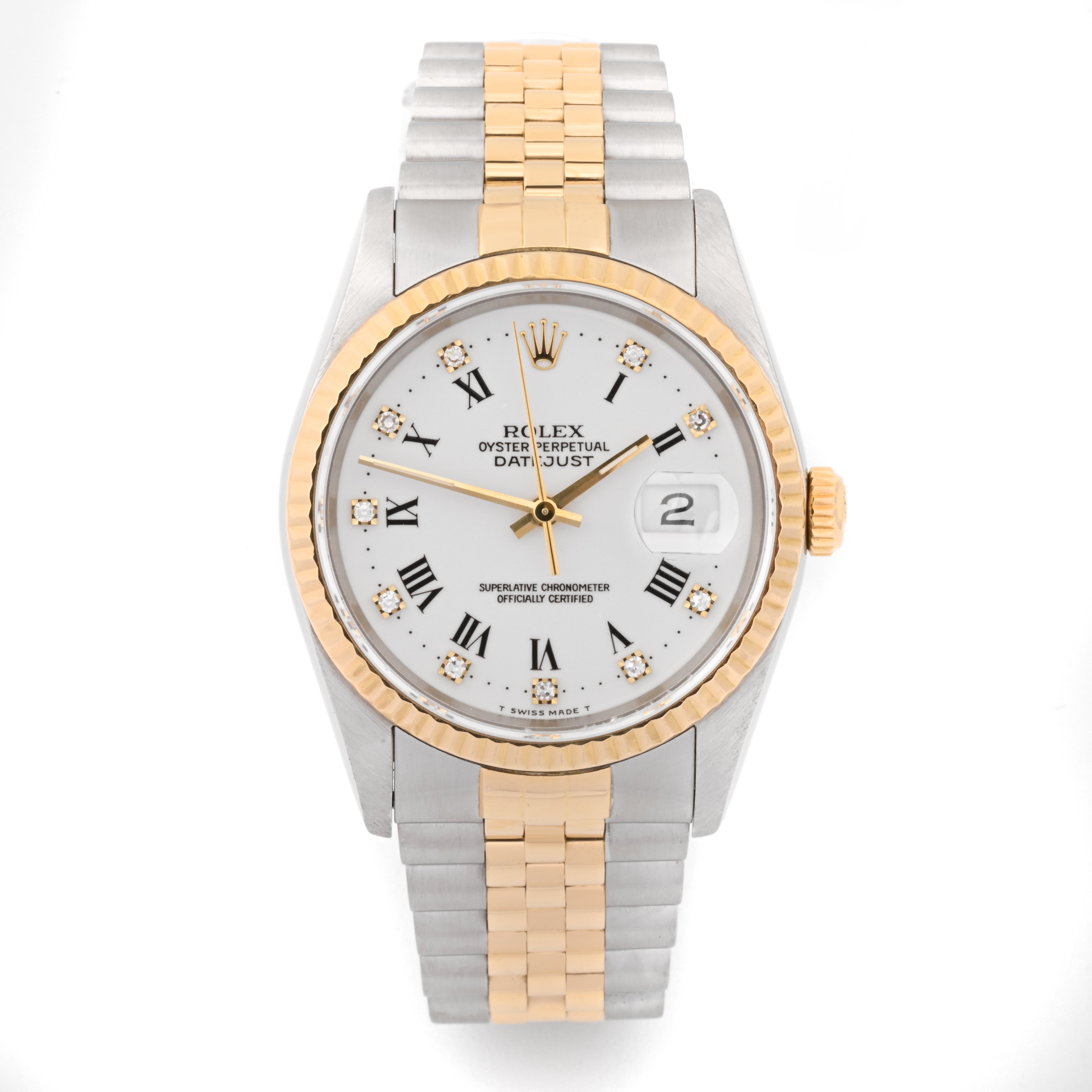 Rolex Datejust 36 Stainless Steel And Yellow Gold White Roman w Diamond Dial on Jubilee 16233