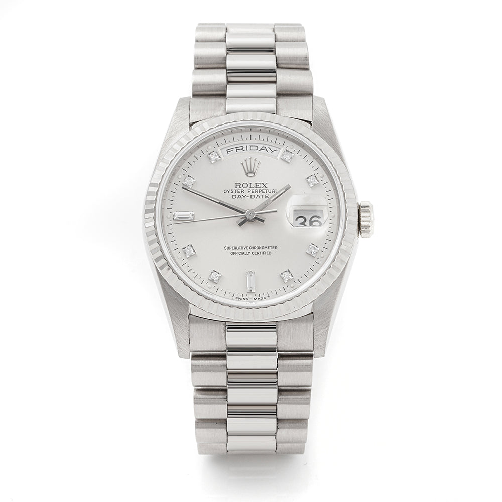 Rolex Day-Date 36mm White Gold Silver Diamond Dial on President Band 18239