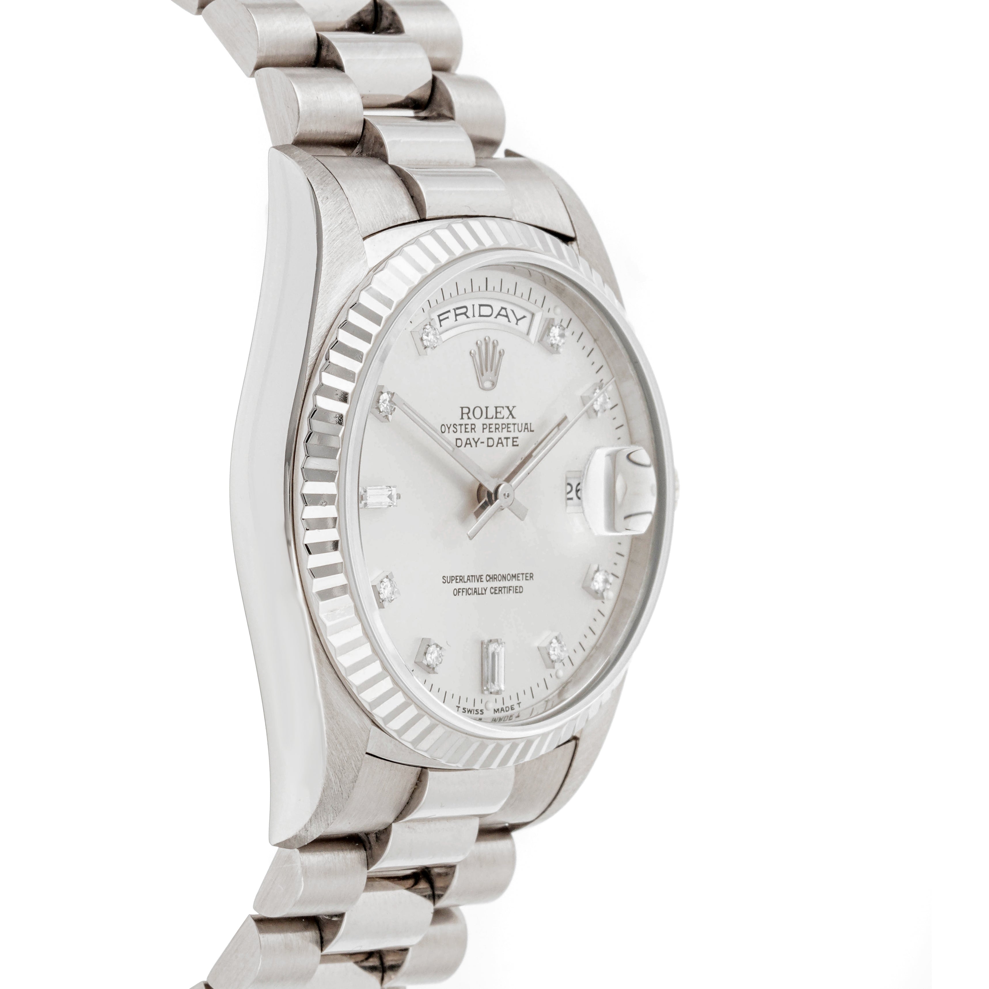 Rolex Day-Date 36mm White Gold Silver Diamond Dial on President Band 18239