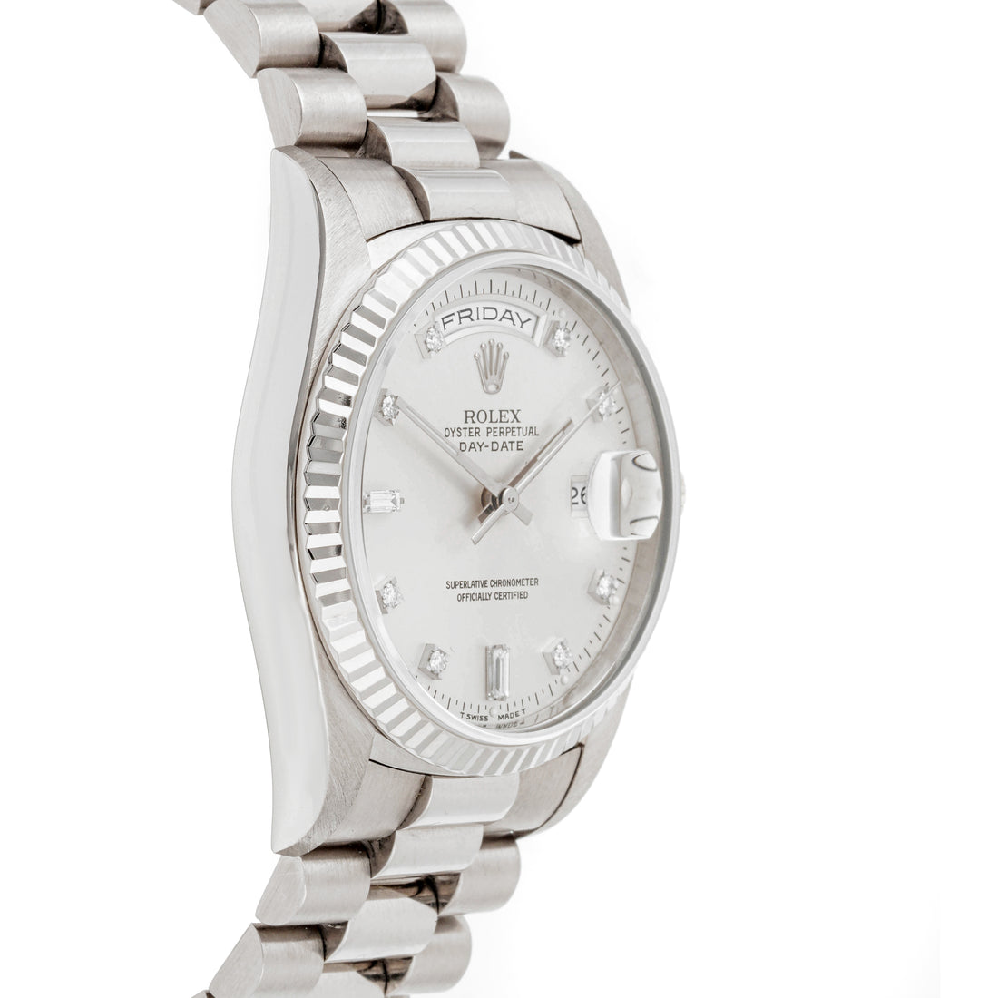 Rolex Day-Date 36mm White Gold Silver Diamond Dial on President Band 18239
