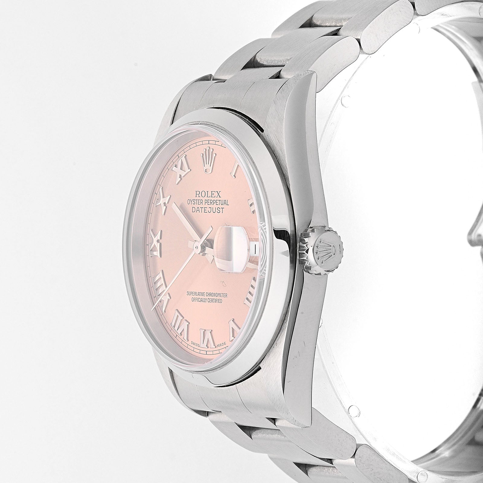 Rolex Datejust 36mm Stainless Steel Smooth BezelPink Roman Dial on Oyster 16200 Papers 1999