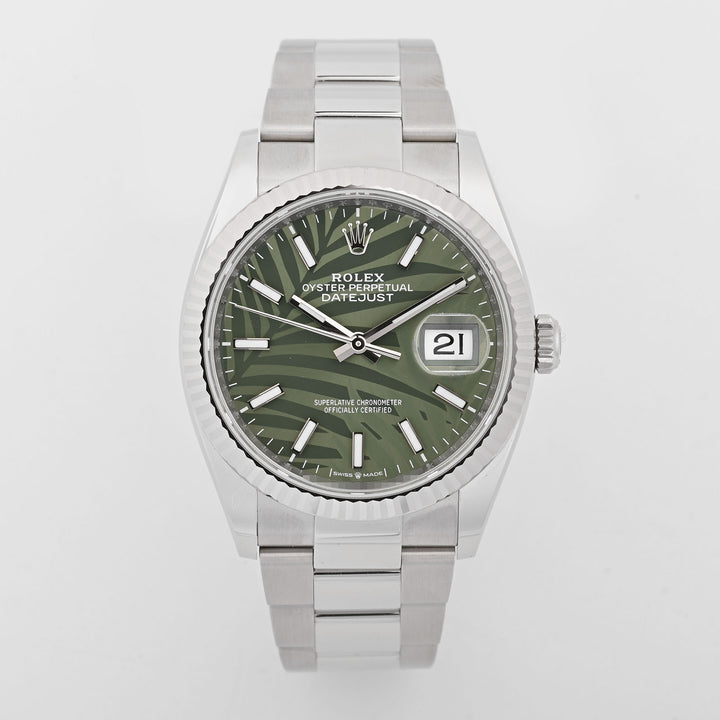 Rolex Datejust 36mm Stainless Steel Olive Green Palm Motif Dial on Oyster band 126234 Card 2022