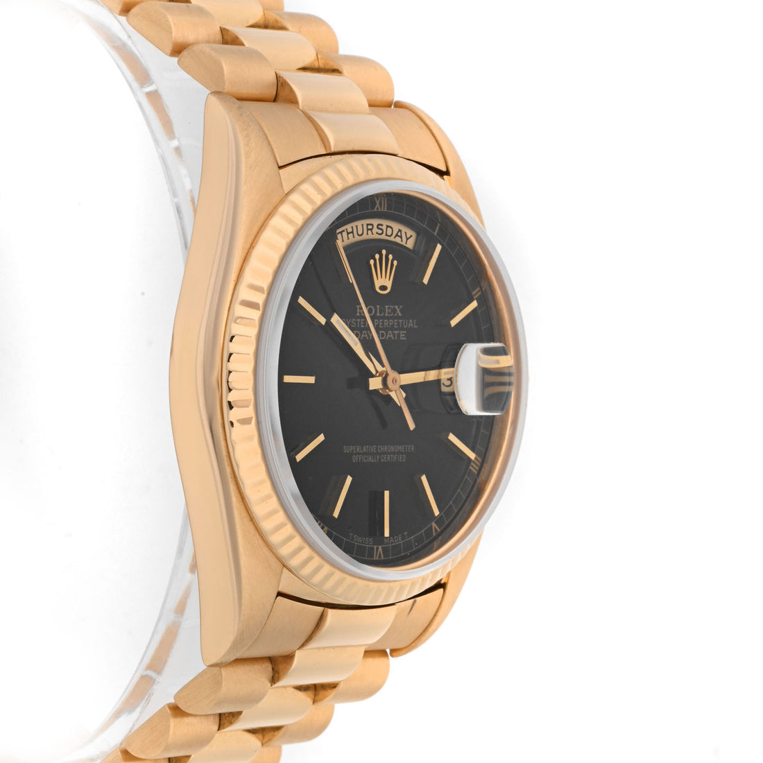 Rolex Day-Date 36mm Yellow Gold Black Stick Dial on President Band 18238