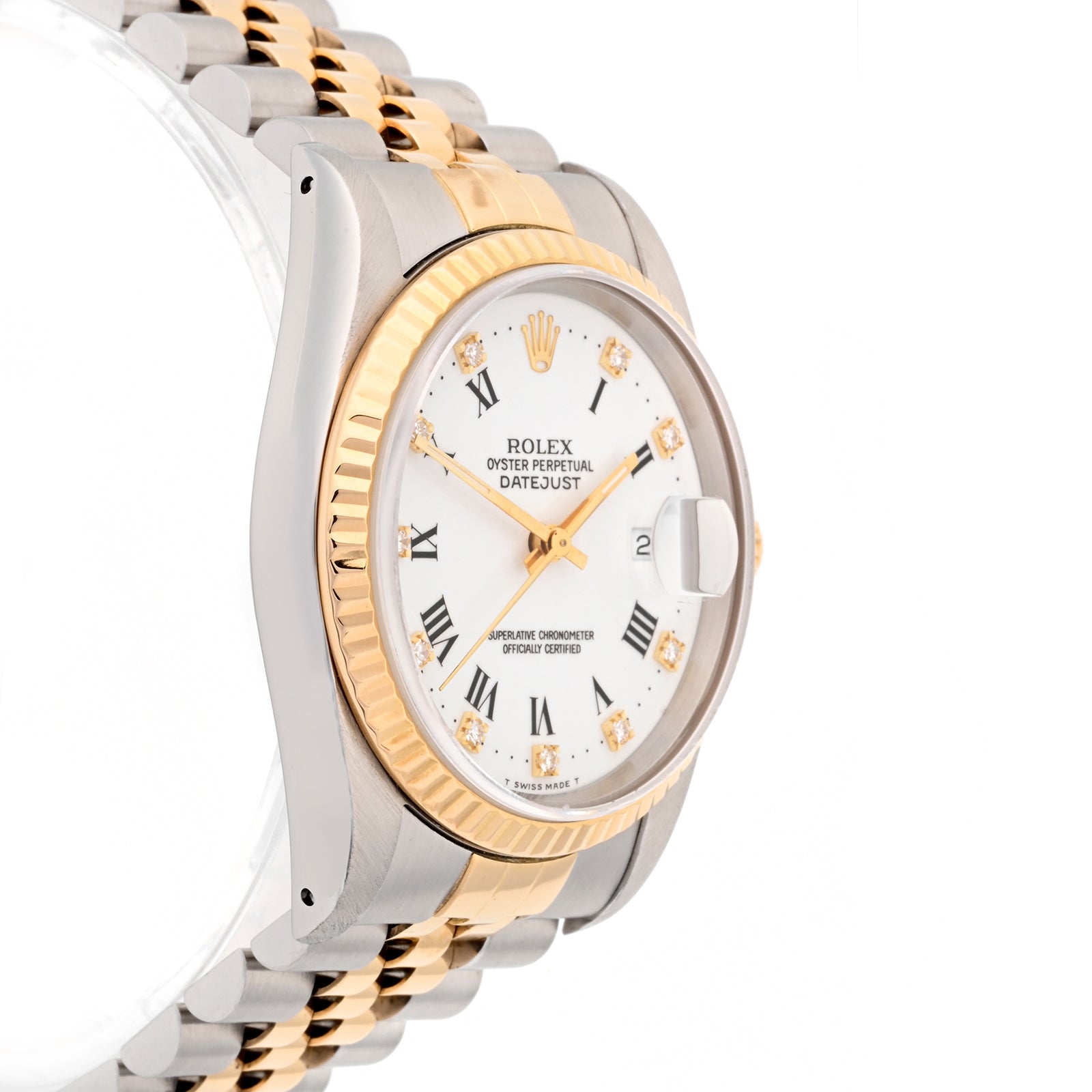 Rolex Datejust 36mm Stainless Steel And Yellow Gold White Roman w Diamond Dial on Jubilee 16013G Papers 1989