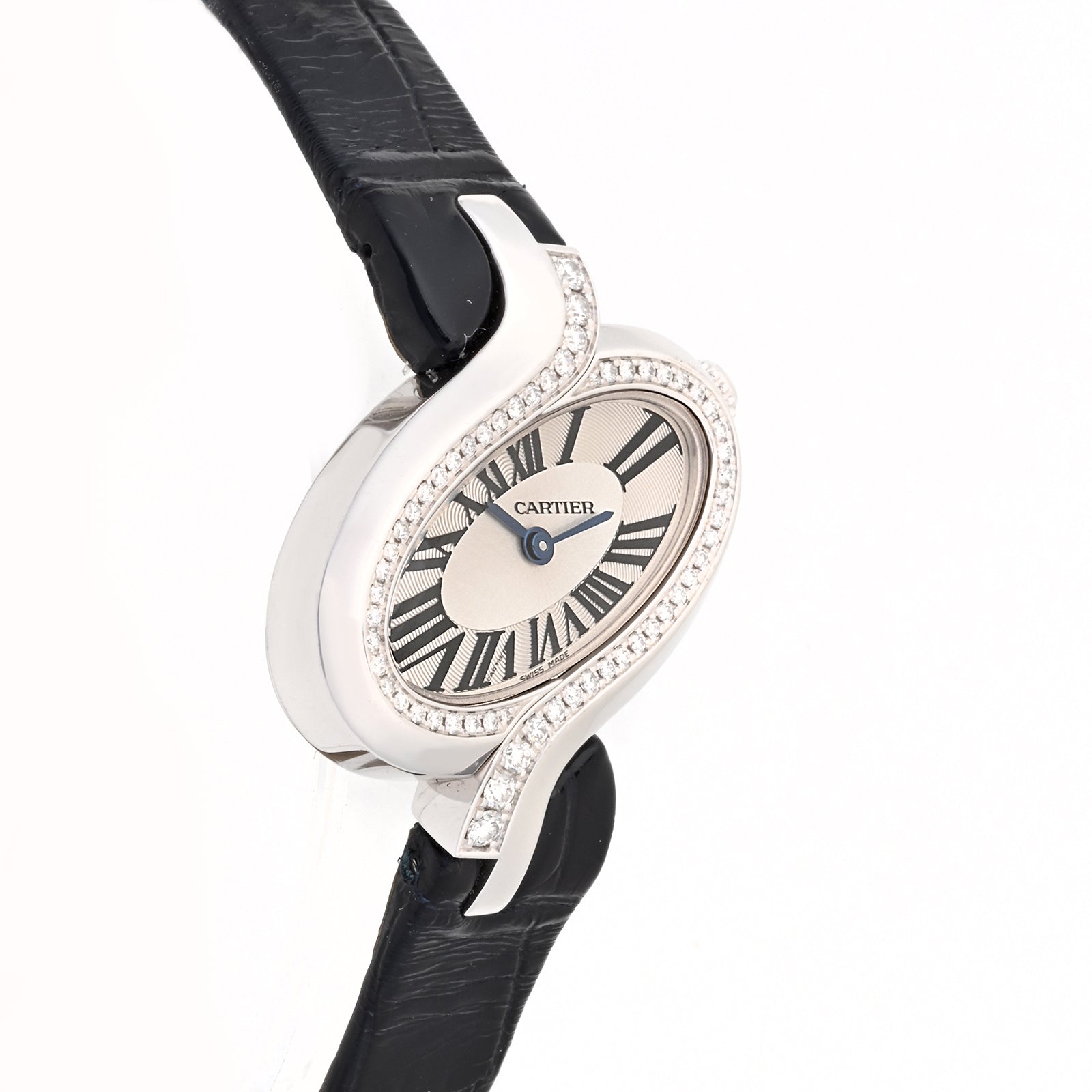 Cartier Delice White Gold Silver Roman Dial Factory Diamond on Black Leather w Deployment Buckle WG800014 Papers Open Date